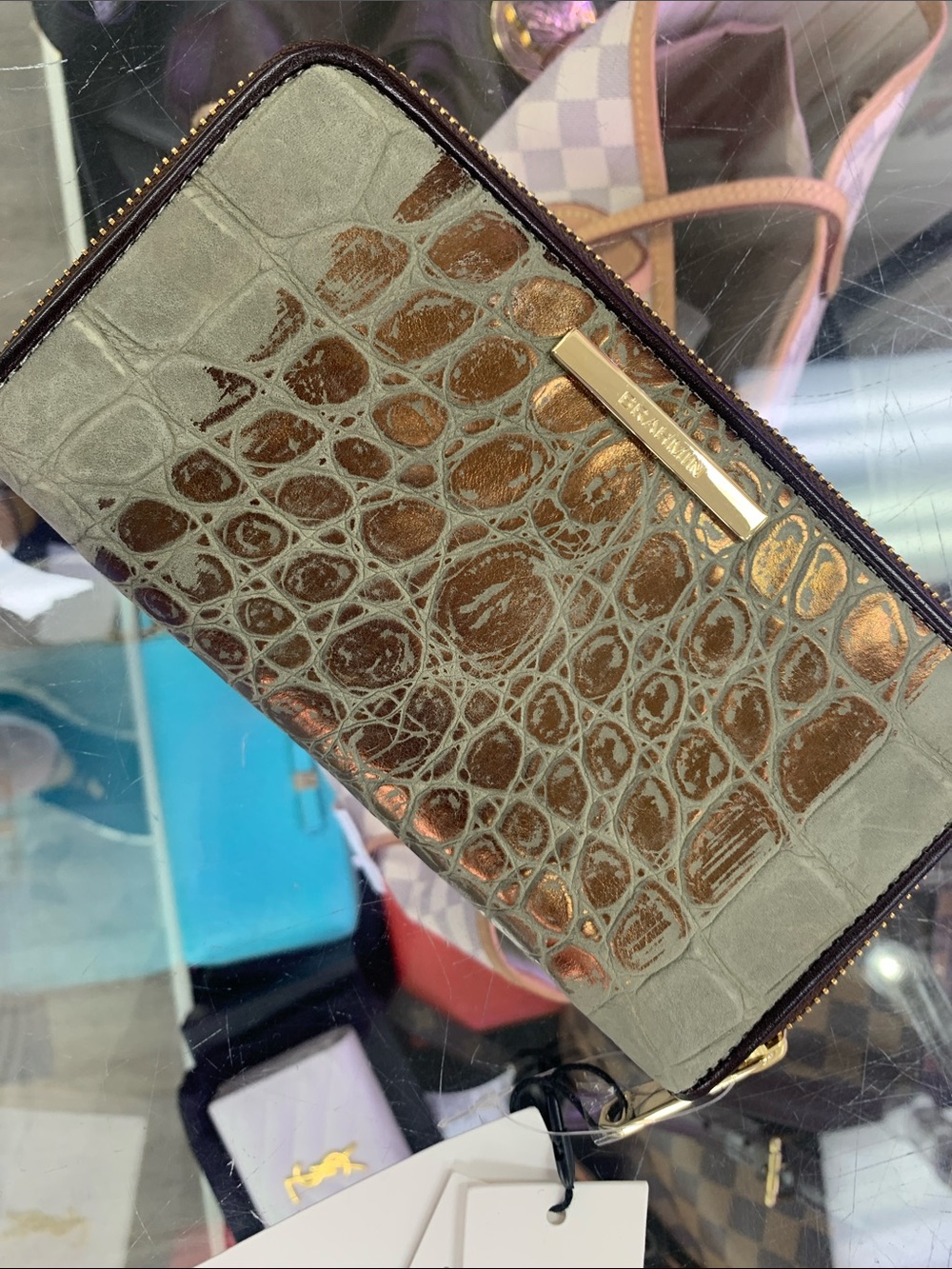 Brahmin Olive Green and Metallic Bronze Croc-Embossed Zip Wallet